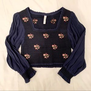 Anthropologie Blue Embroidered Smock Shirt